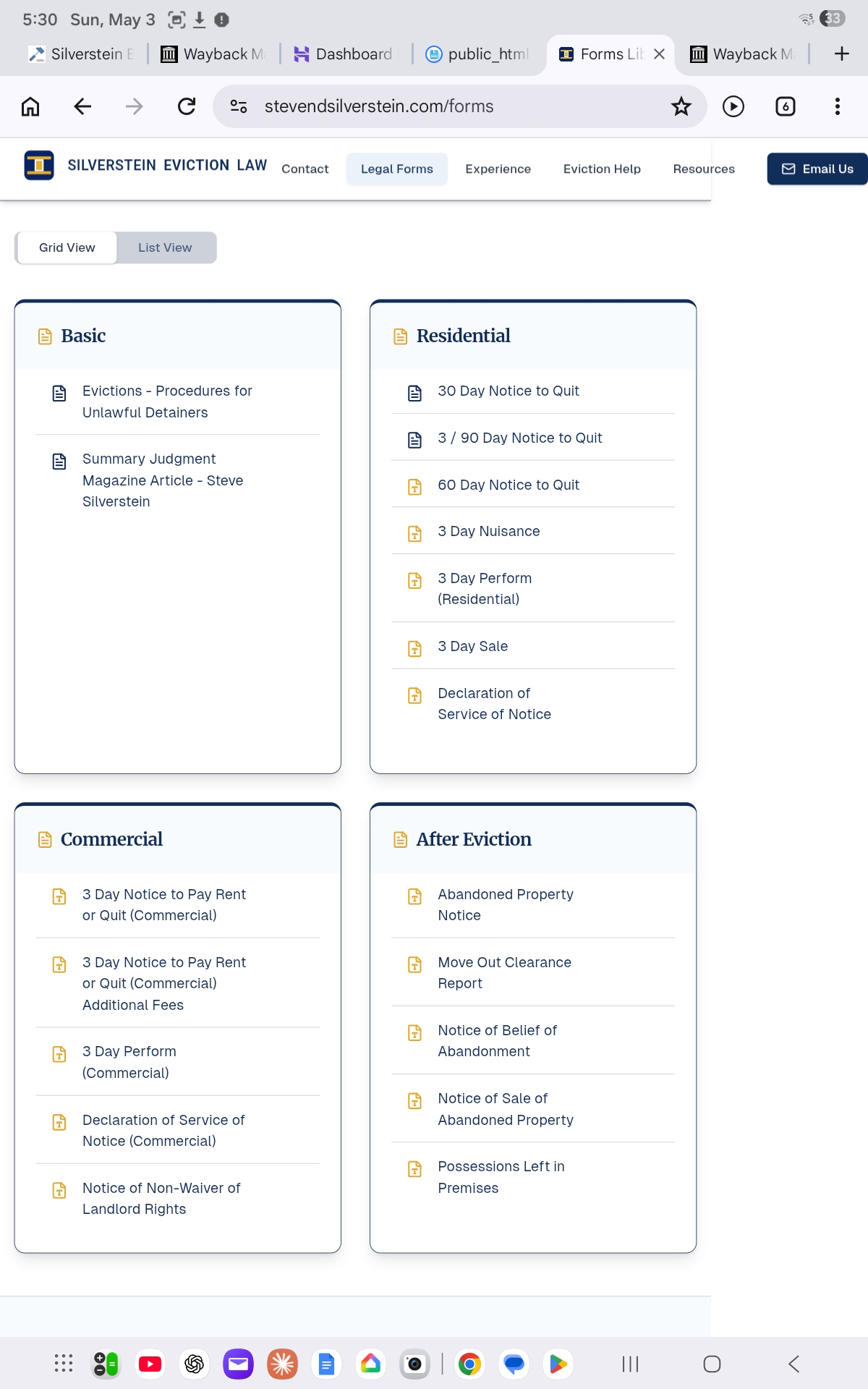 Screenshot of the Silverstein Eviction Law Forms Library page on May 3, 2026, showing four category cards: Basic, Residential, Commercial, and After Eviction. The After Eviction card lists five form templates including 'Move Out Clearance Report' as the second listing.