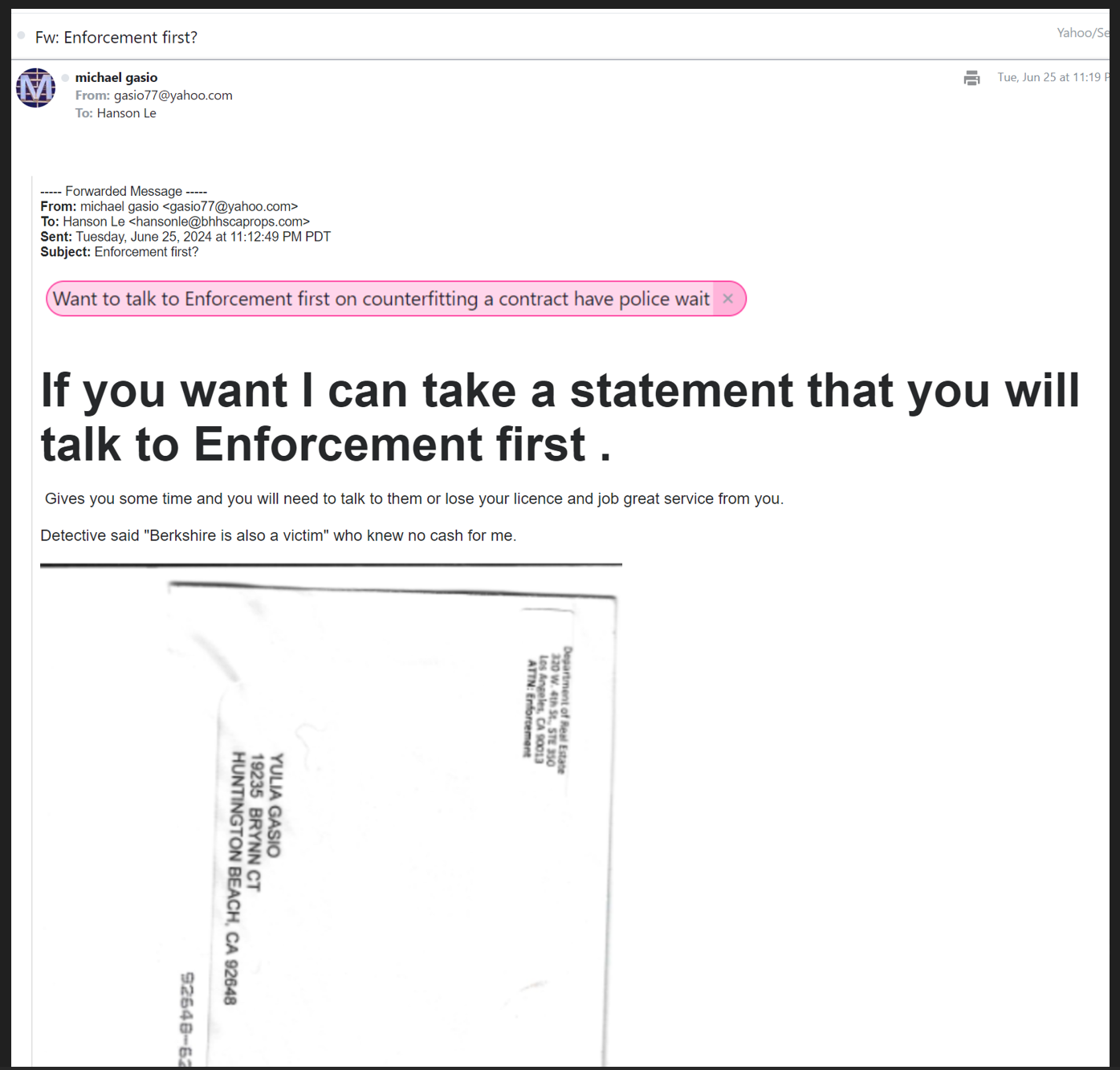 Email warning to Hanson Le regarding enforcement and investigation, June 25 2024