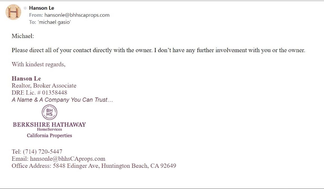 Official BHHS Email from Hanson Le