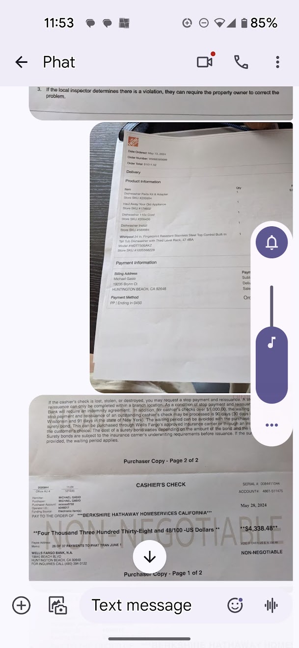 Image of cashier’s check and Home Depot order receipt