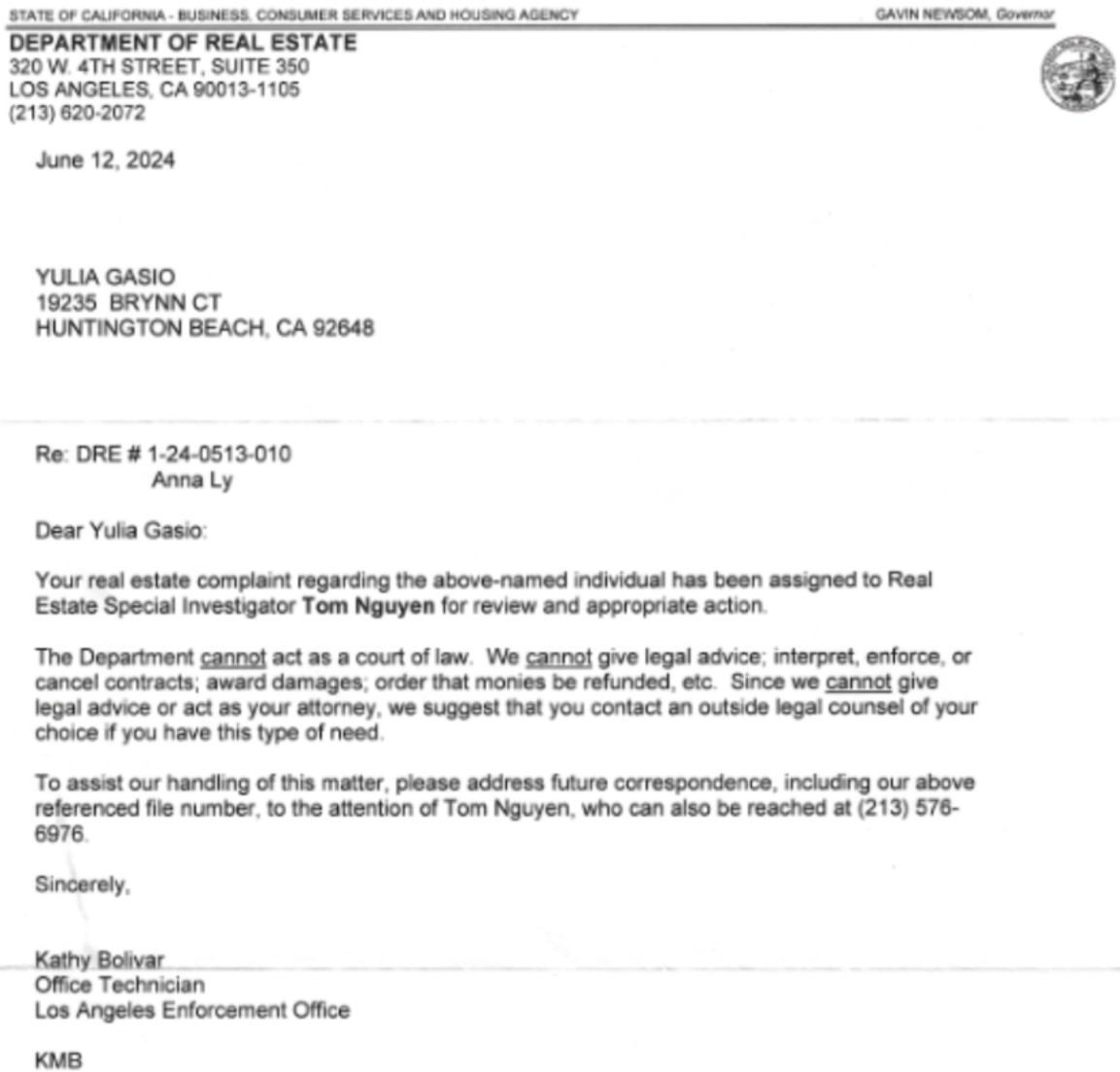 Email between Tom Nguyen (DRE) and Anna Ly about enforcement case 1-24-0513-010
