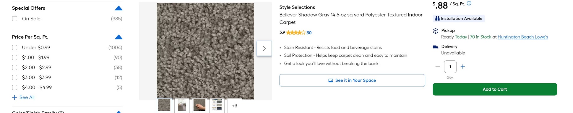 Lowes pricing example for Believer Shadow Gray 88¢ per sq ft carpet material used in fraud analysis