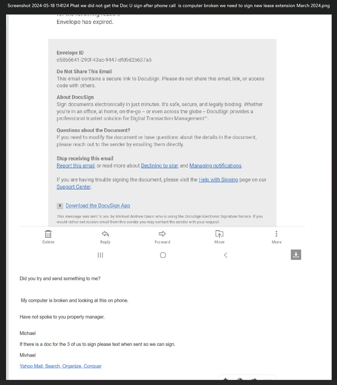 Screenshot of DocuSign lease extension request showing expired envelope ID