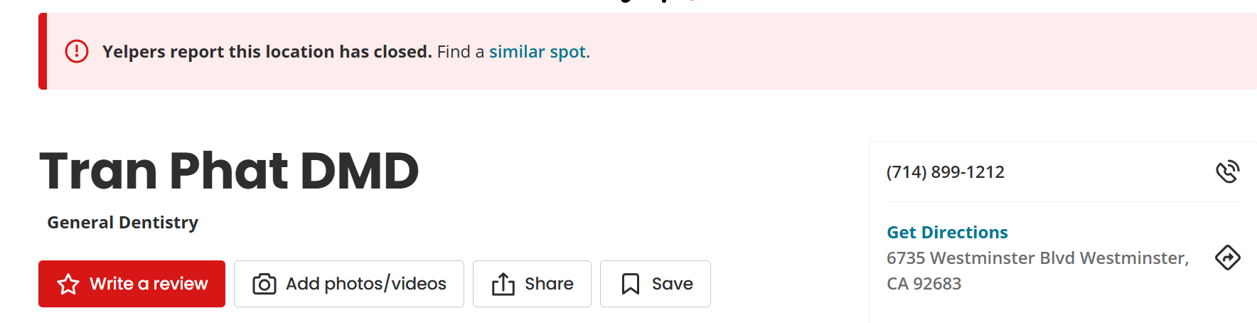 Yelp listing showing Tran Phat DMD closed location