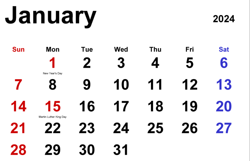 January 2024 calendar showing key hearing dates