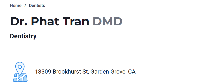 Active business address listing for Dr. Phat Tran DMD