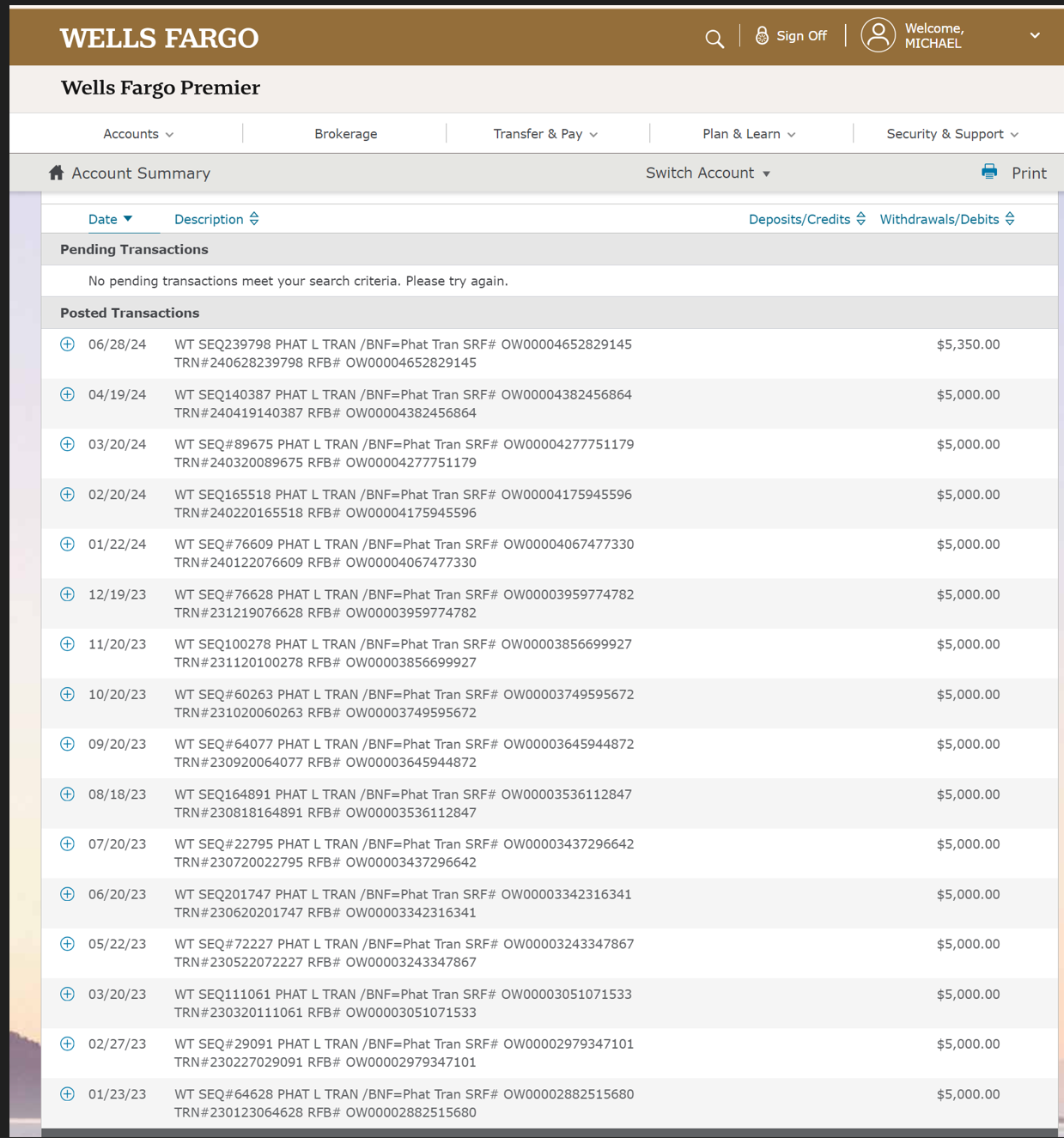 Bank records showing all payments made early or on time